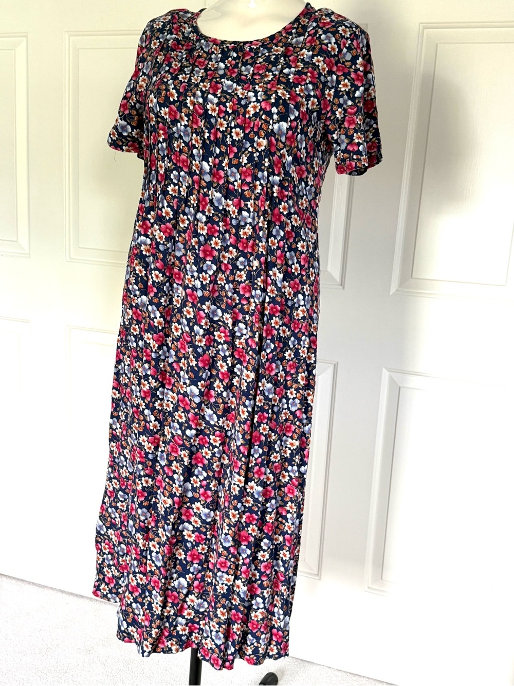 Navy Floral Short Sleeve Maxi Dress with Pink & White Blooms